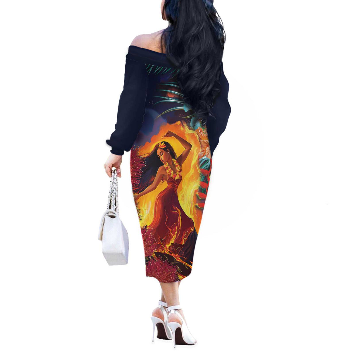 Hawaii Kilauea Big Islands Off The Shoulder Long Sleeve Dress Pele Goddess With Tropical Flowers LT14 - Polynesian Pride