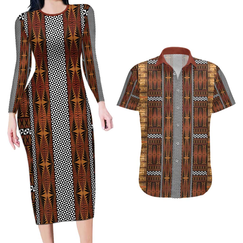 Malo e Lelei Tonga Couples Matching Long Sleeve Bodycon Dress and Hawaiian Shirt Tongan Ngatu Tapa Cloth - Polynesian Pride