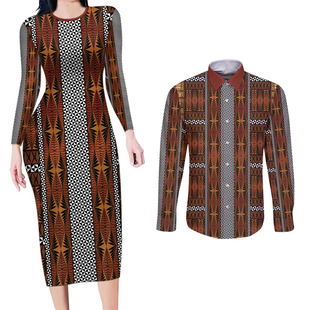 Malo e Lelei Tonga Couples Matching Long Sleeve Bodycon Dress and Long Sleeve Button Shirt Tongan Ngatu Tapa Cloth LT14 Orange - Polynesian Pride