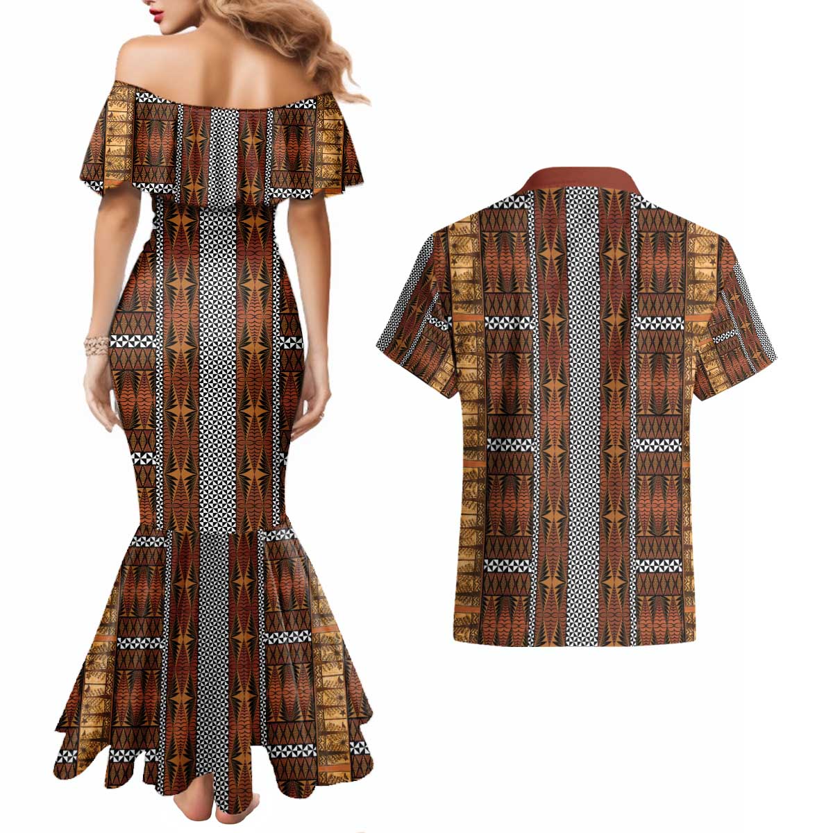 Malo e Lelei Tonga Couples Matching Mermaid Dress and Hawaiian Shirt Tongan Ngatu Tapa Cloth - Polynesian Pride
