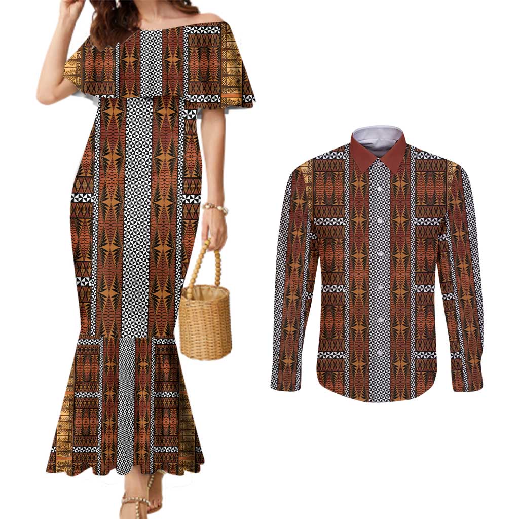 Malo e Lelei Tonga Couples Matching Mermaid Dress and Long Sleeve Button Shirt Tongan Ngatu Tapa Cloth LT14 Orange - Polynesian Pride