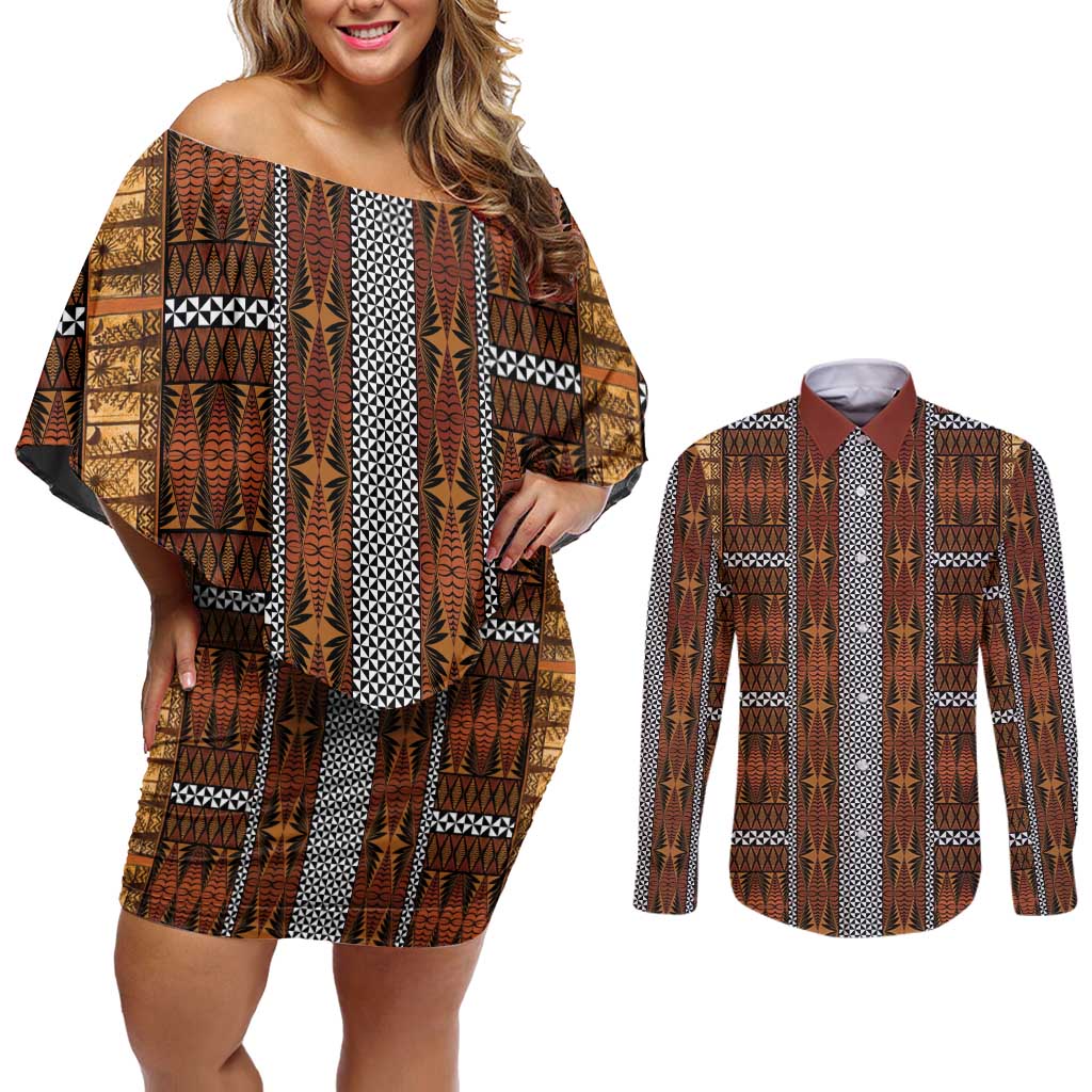 Malo e Lelei Tonga Couples Matching Off Shoulder Short Dress and Long Sleeve Button Shirt Tongan Ngatu Tapa Cloth - Polynesian Pride