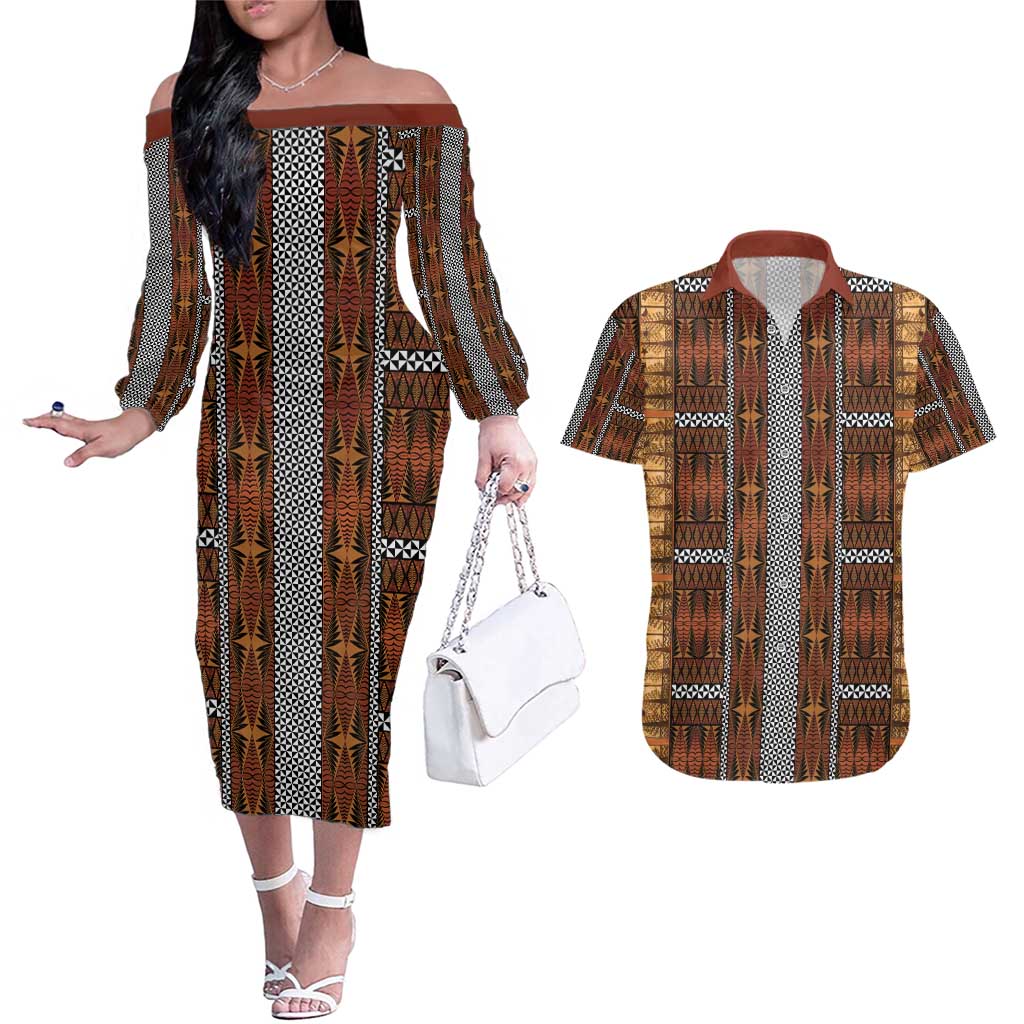 Malo e Lelei Tonga Couples Matching Off The Shoulder Long Sleeve Dress and Hawaiian Shirt Tongan Ngatu Tapa Cloth - Polynesian Pride