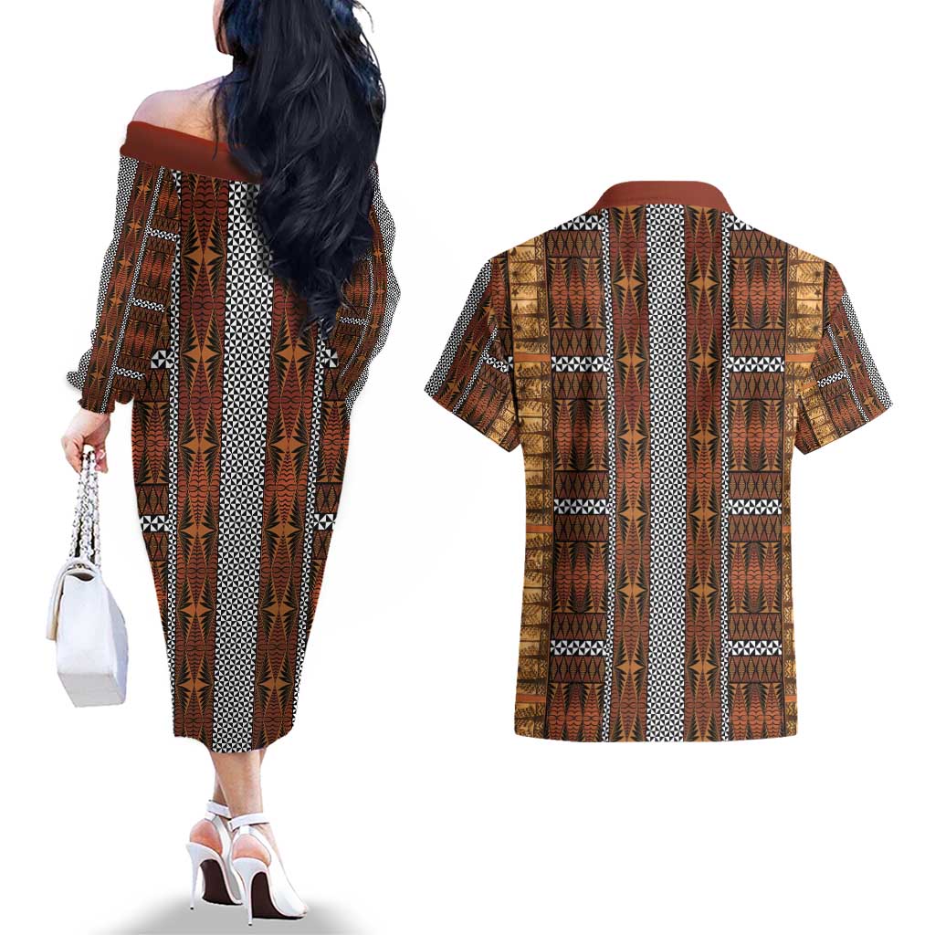 Malo e Lelei Tonga Couples Matching Off The Shoulder Long Sleeve Dress and Hawaiian Shirt Tongan Ngatu Tapa Cloth - Polynesian Pride