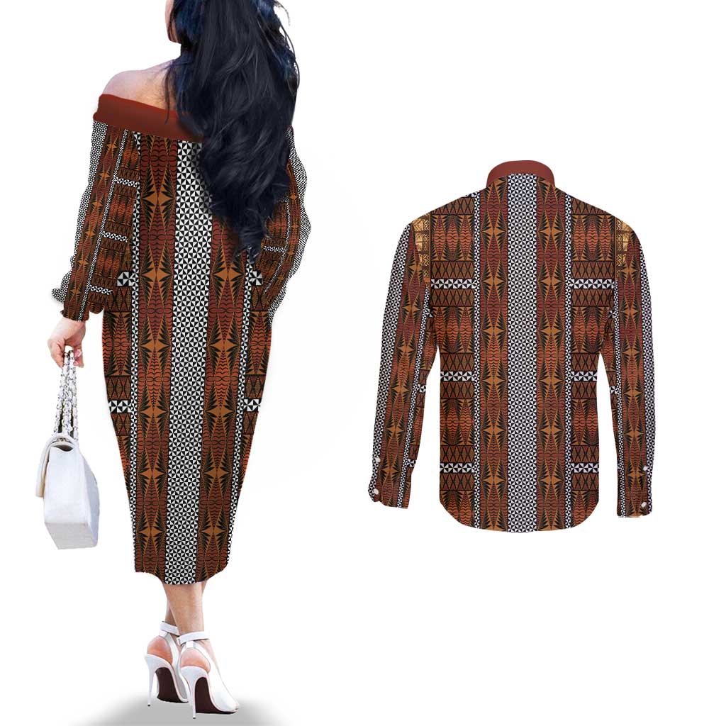 Malo e Lelei Tonga Couples Matching Off The Shoulder Long Sleeve Dress and Long Sleeve Button Shirt Tongan Ngatu Tapa Cloth - Polynesian Pride