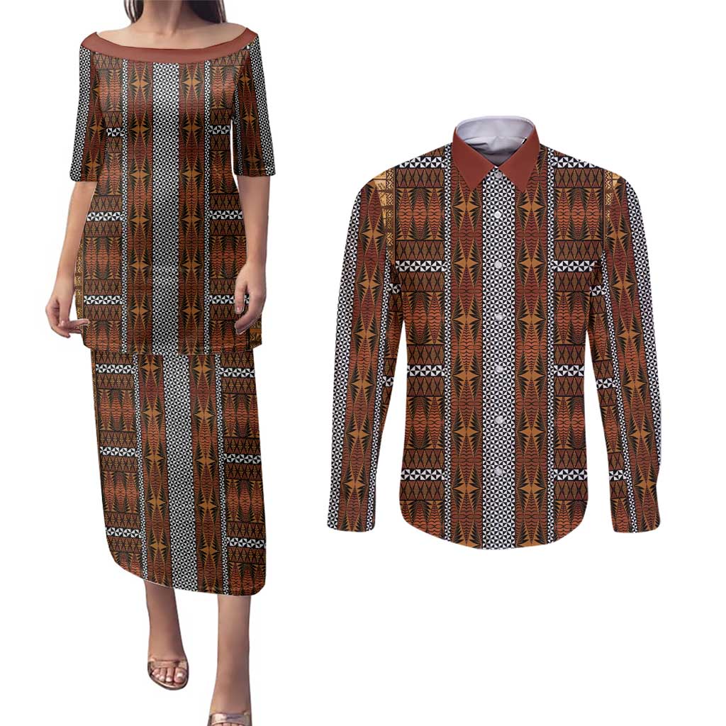 Malo e Lelei Tonga Couples Matching Puletasi and Long Sleeve Button Shirt Tongan Ngatu Tapa Cloth LT14 Orange - Polynesian Pride