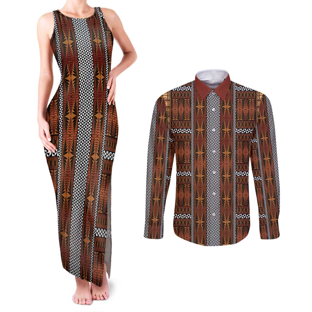 Malo e Lelei Tonga Couples Matching Tank Maxi Dress and Long Sleeve Button Shirt Tongan Ngatu Tapa Cloth LT14 Orange - Polynesian Pride