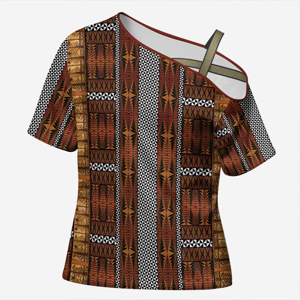 Malo e Lelei Tonga Cross Shoulder Shirt Tongan Ngatu Tapa Cloth LT14 Female Orange - Polynesian Pride
