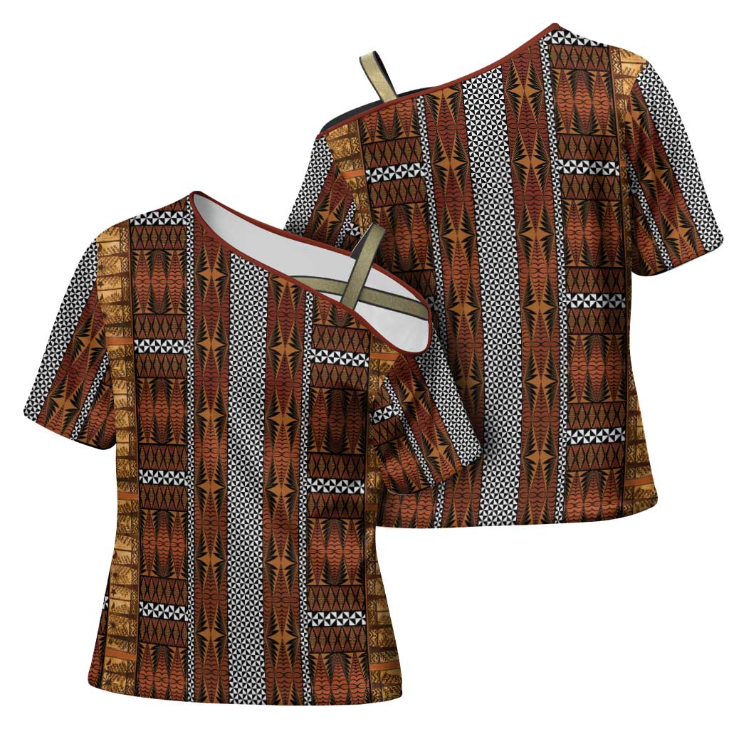 Malo e Lelei Tonga Cross Shoulder Shirt Tongan Ngatu Tapa Cloth LT14 - Polynesian Pride