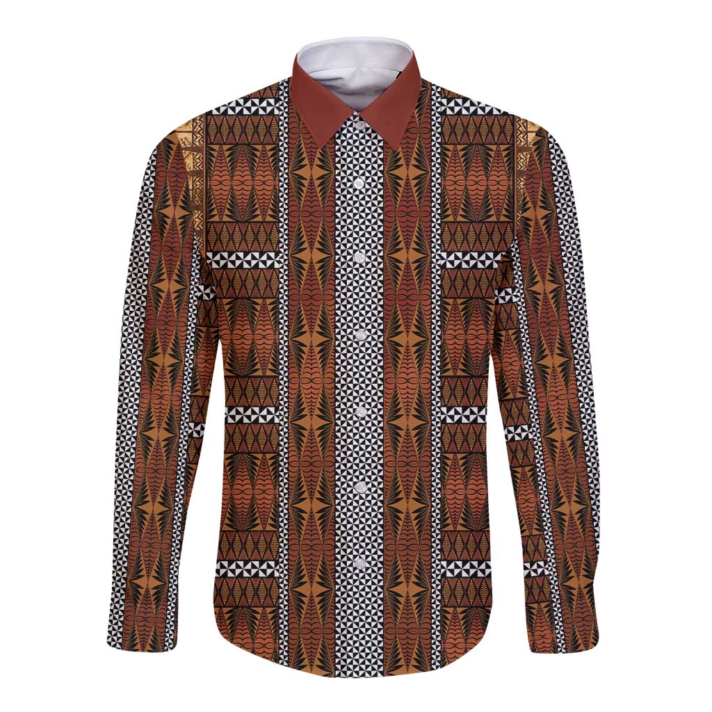 Malo e Lelei Tonga Long Sleeve Button Shirt Tongan Ngatu Tapa Cloth LT14 Unisex Orange - Polynesian Pride