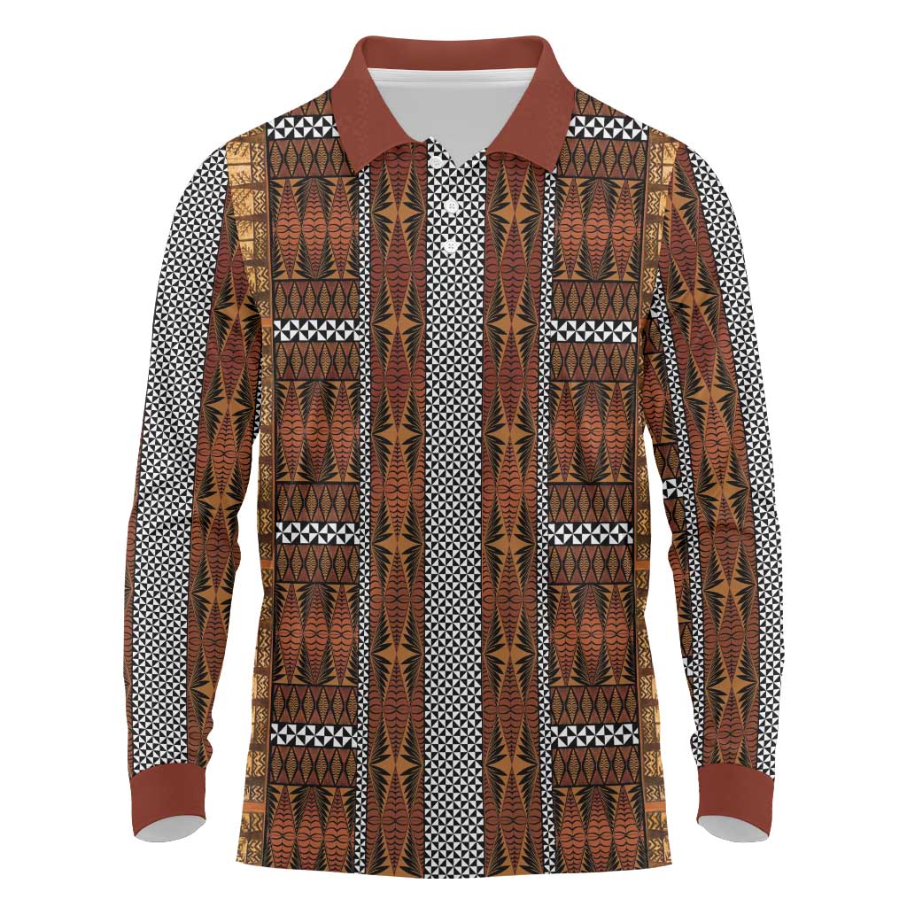 Malo e Lelei Tonga Long Sleeve Polo Shirt Tongan Ngatu Tapa Cloth LT14 Orange - Polynesian Pride