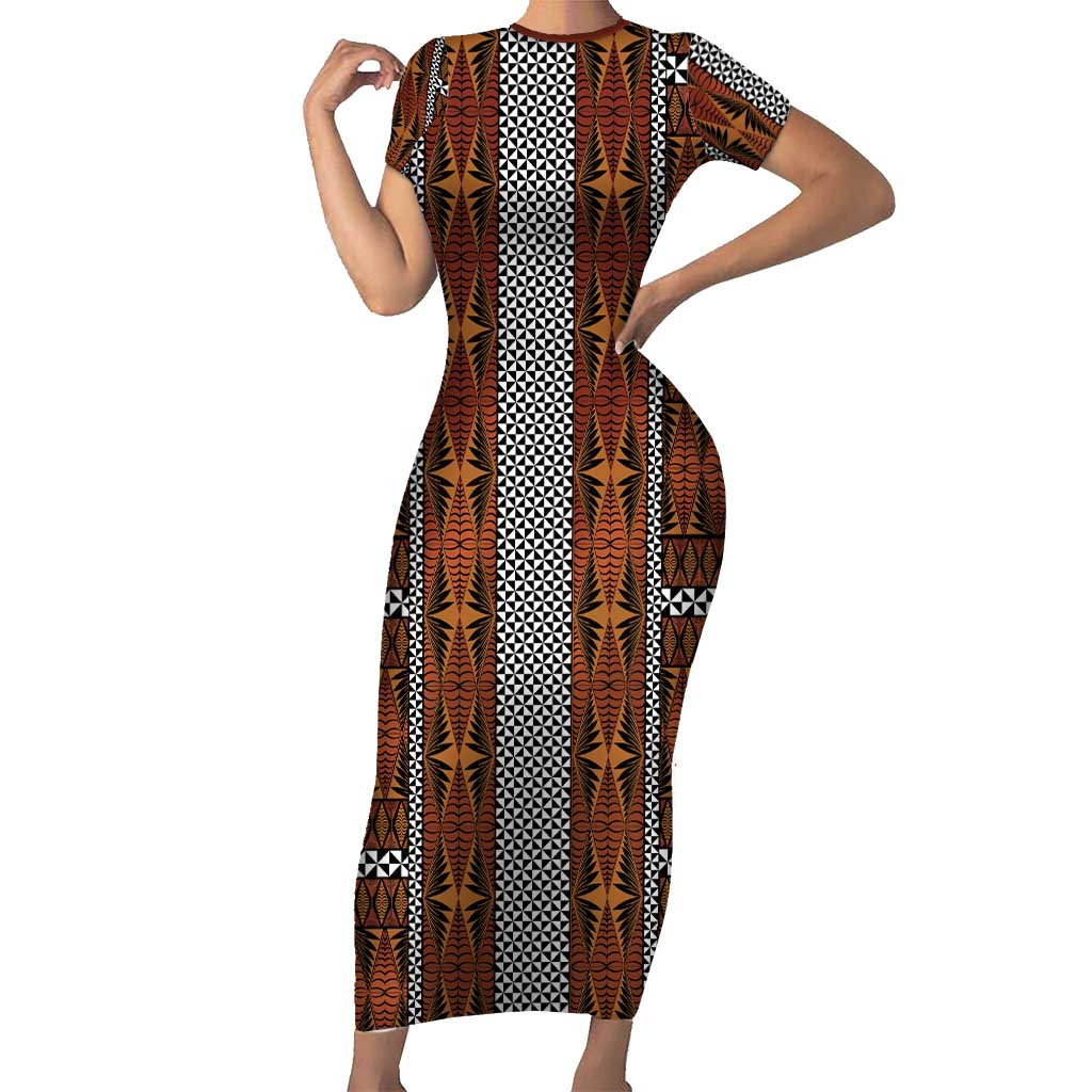 Malo e Lelei Tonga Short Sleeve Bodycon Dress Tongan Ngatu Tapa Cloth LT14 Long Dress Orange - Polynesian Pride