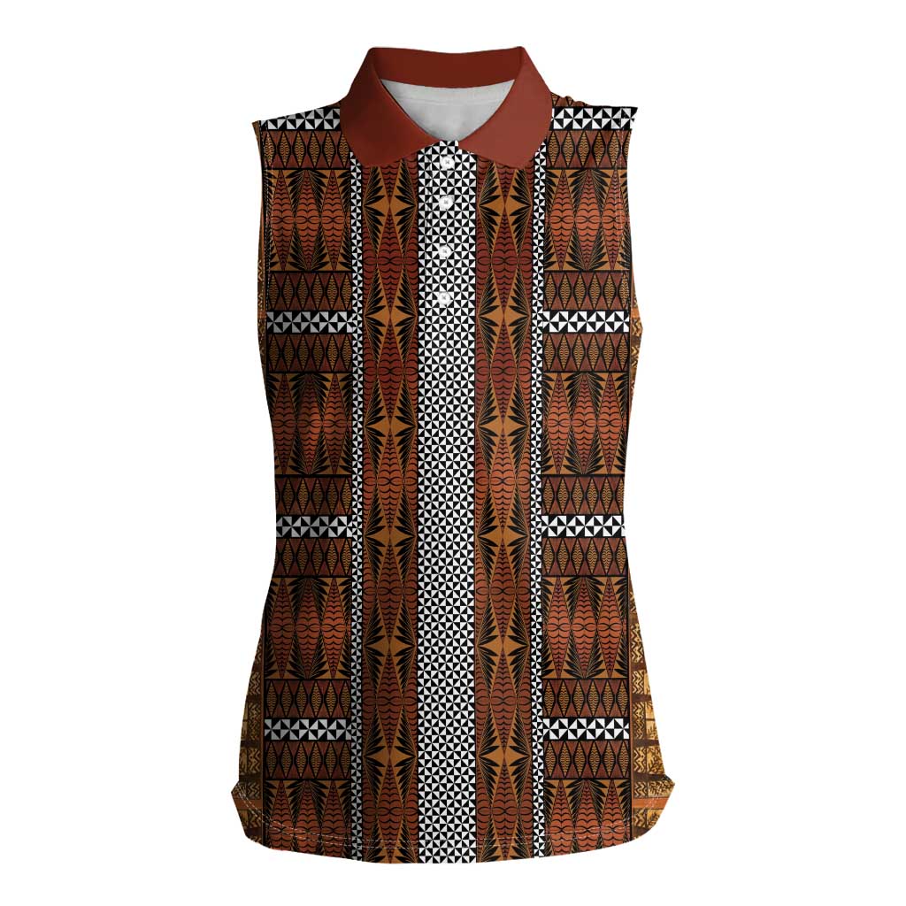 Malo e Lelei Tonga Women Sleeveless Polo Shirt Tongan Ngatu Tapa Cloth LT14 Female Orange - Polynesian Pride