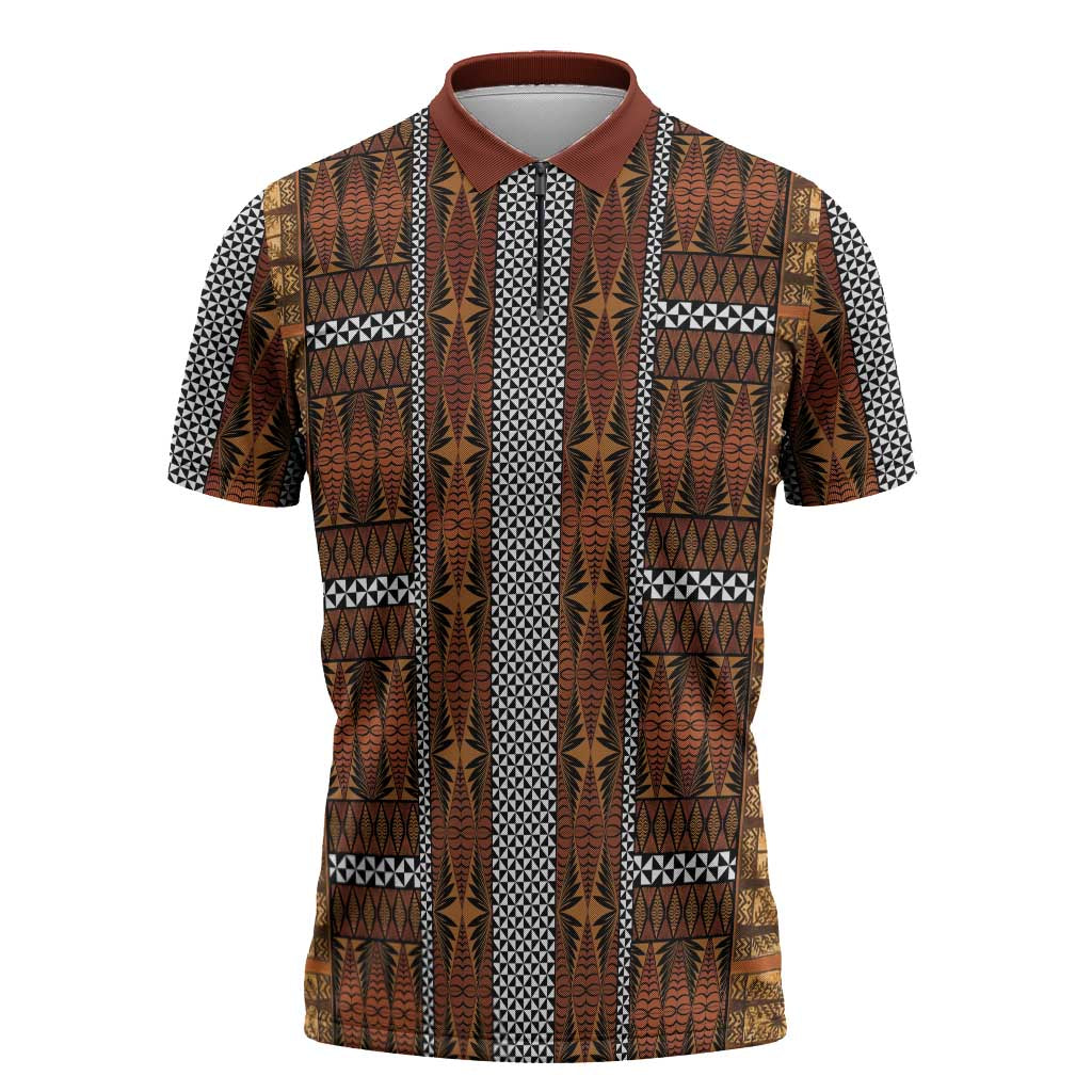 Malo e Lelei Tonga Zipper Polo Shirt Tongan Ngatu Tapa Cloth LT14 Orange - Polynesian Pride