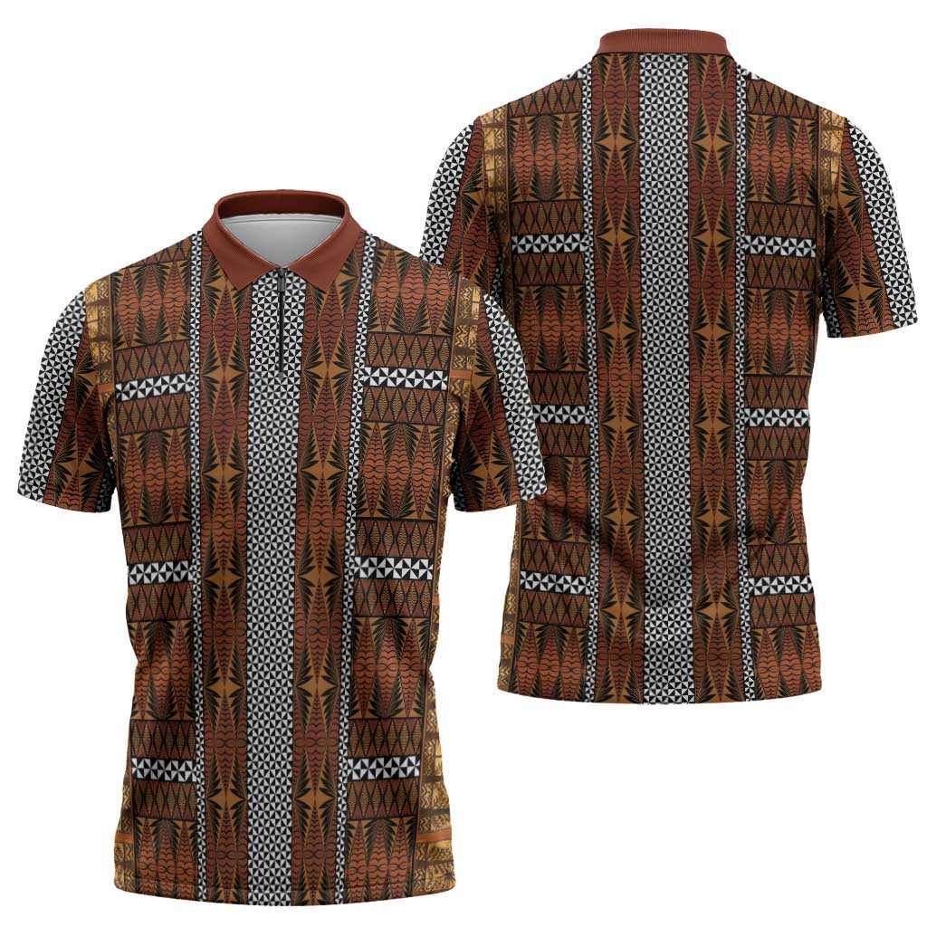 Malo e Lelei Tonga Zipper Polo Shirt Tongan Ngatu Tapa Cloth LT14 - Polynesian Pride