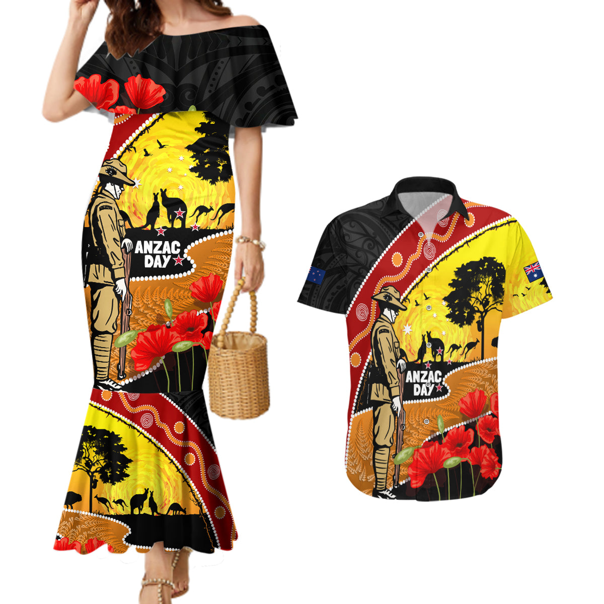 New Zealand And Australia ANZAC Day Couples Matching Mermaid Dress and Hawaiian Shirt Aboriginal Maori Starring Night Style LT14 Gold - Polynesian Pride