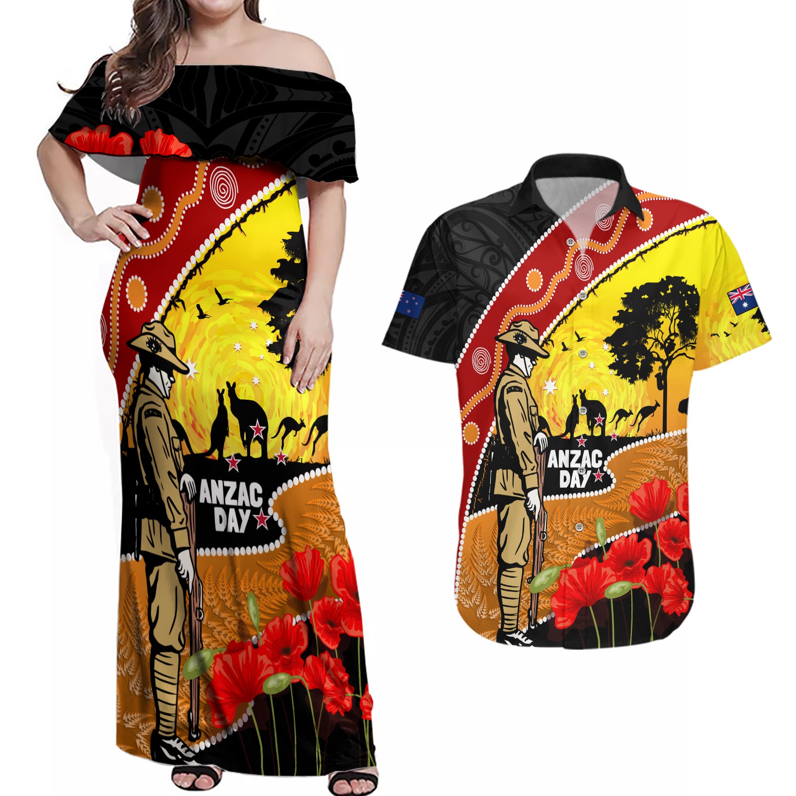 New Zealand And Australia ANZAC Day Couples Matching Off Shoulder Maxi Dress and Hawaiian Shirt Aboriginal Maori Starring Night Style LT14 Gold - Polynesian Pride