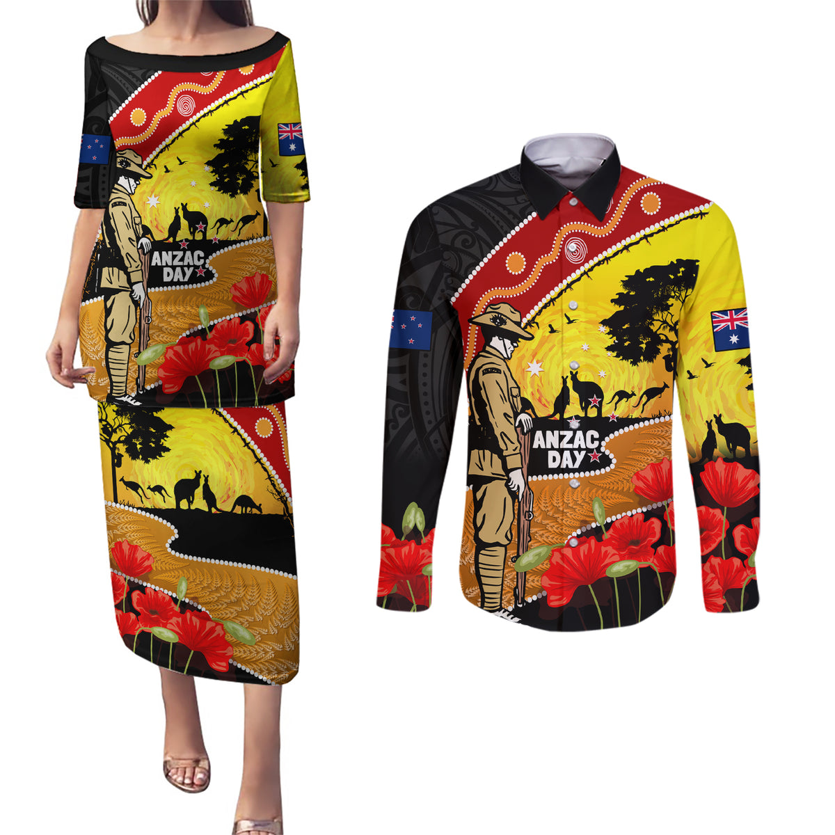 New Zealand And Australia ANZAC Day Couples Matching Puletasi and Long Sleeve Button Shirt Aboriginal Maori Starring Night Style LT14 Gold - Polynesian Pride