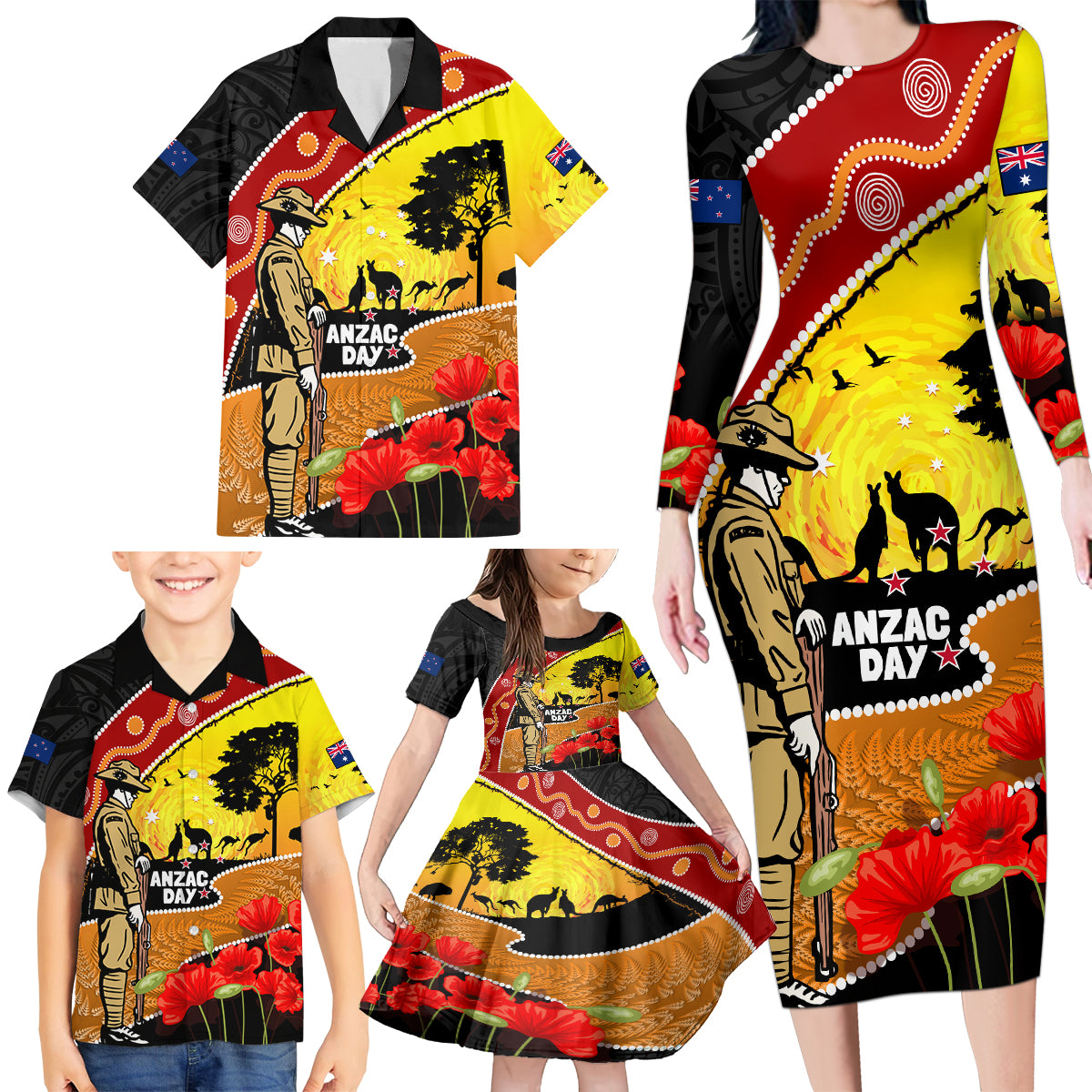 New Zealand And Australia ANZAC Day Family Matching Long Sleeve Bodycon Dress and Hawaiian Shirt Aboriginal Maori Starring Night Style LT14 - Polynesian Pride