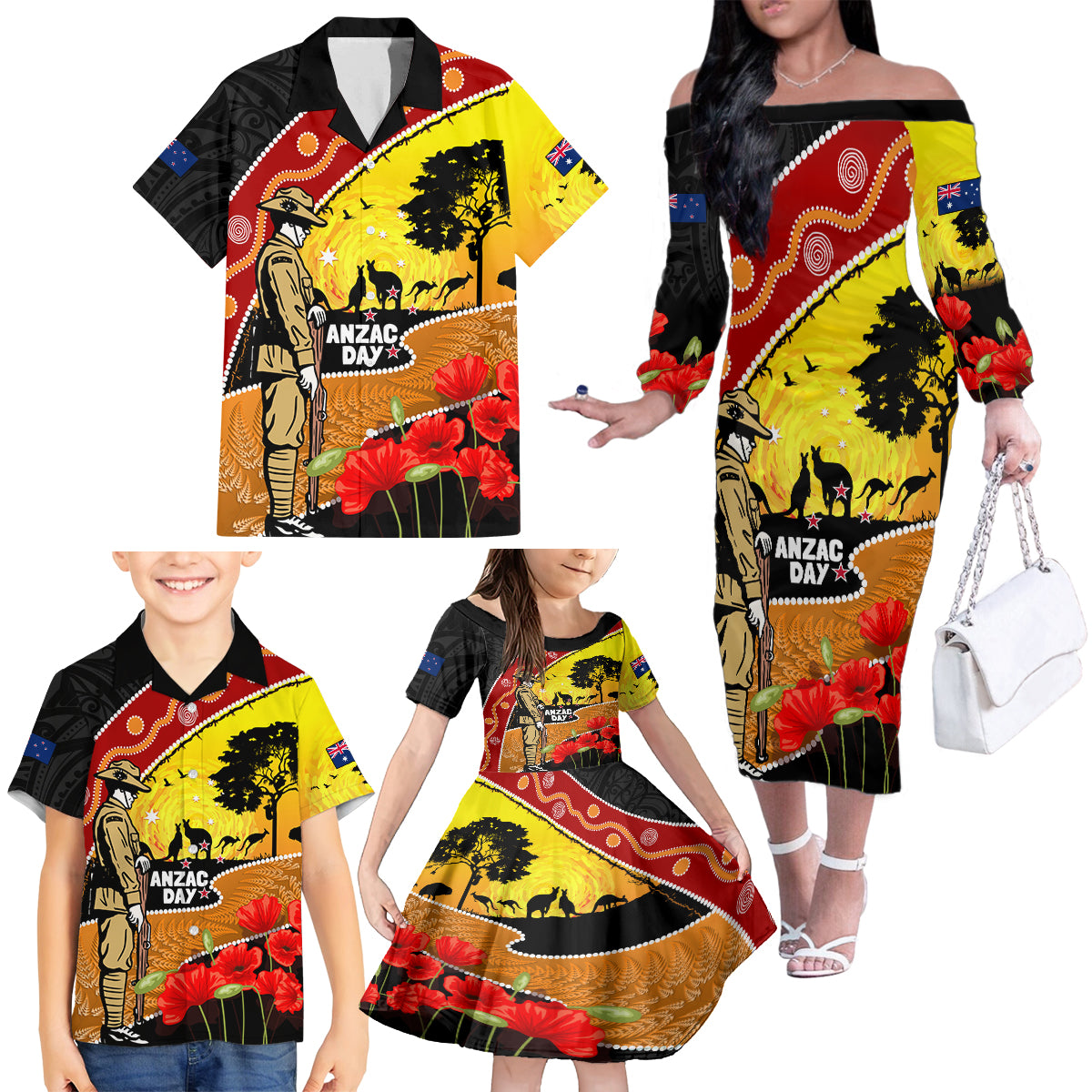 New Zealand And Australia ANZAC Day Family Matching Off Shoulder Long Sleeve Dress and Hawaiian Shirt Aboriginal Maori Starring Night Style LT14 - Polynesian Pride