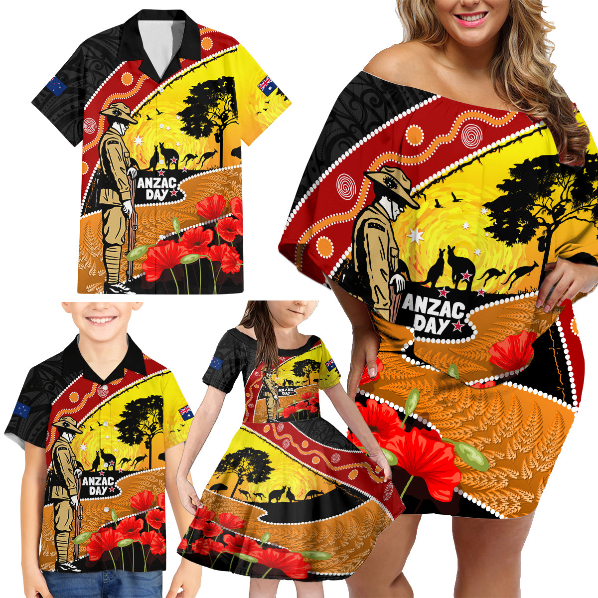 New Zealand And Australia ANZAC Day Family Matching Off Shoulder Short Dress and Hawaiian Shirt Aboriginal Maori Starring Night Style LT14 - Polynesian Pride