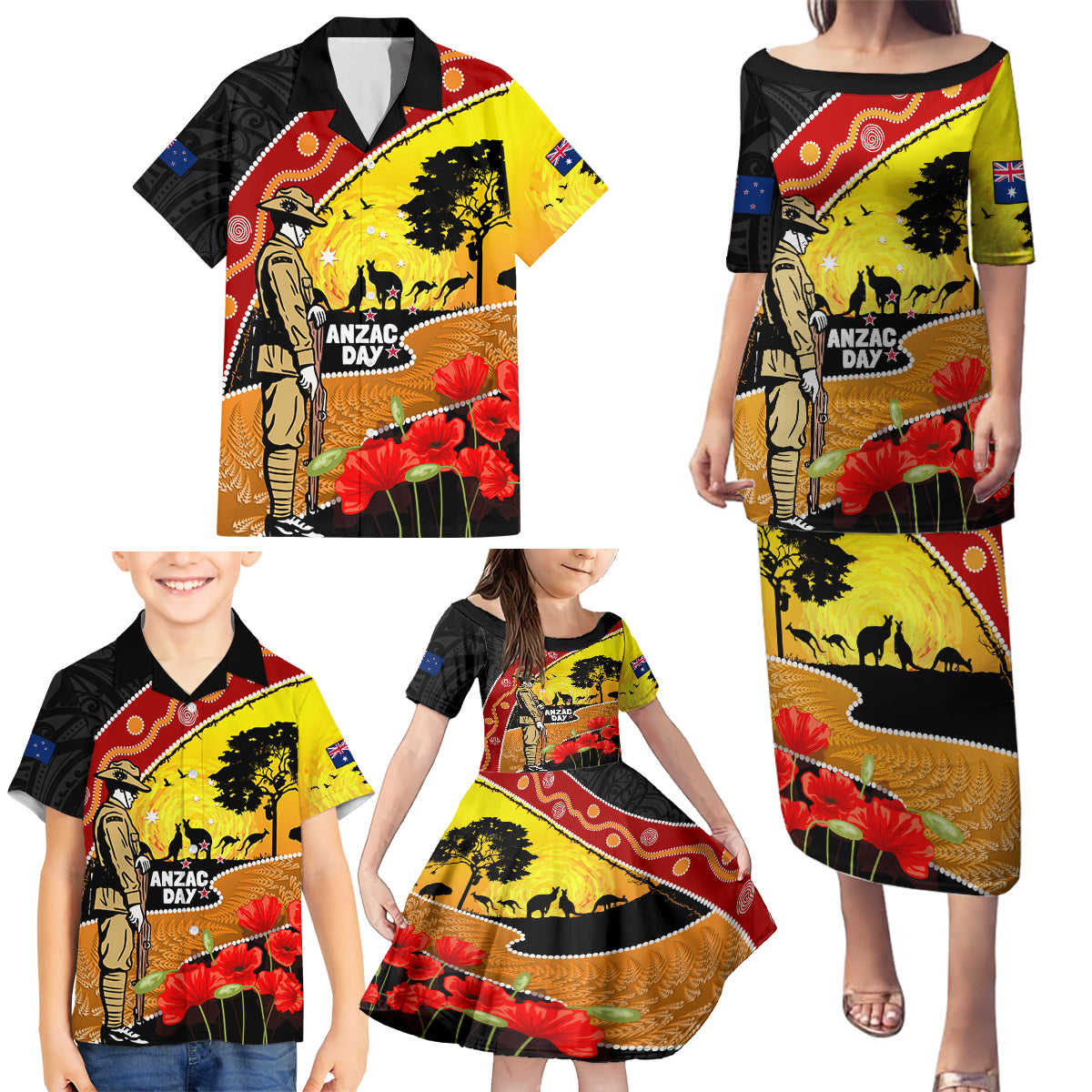 New Zealand And Australia ANZAC Day Family Matching Puletasi and Hawaiian Shirt Aboriginal Maori Starring Night Style LT14 - Polynesian Pride