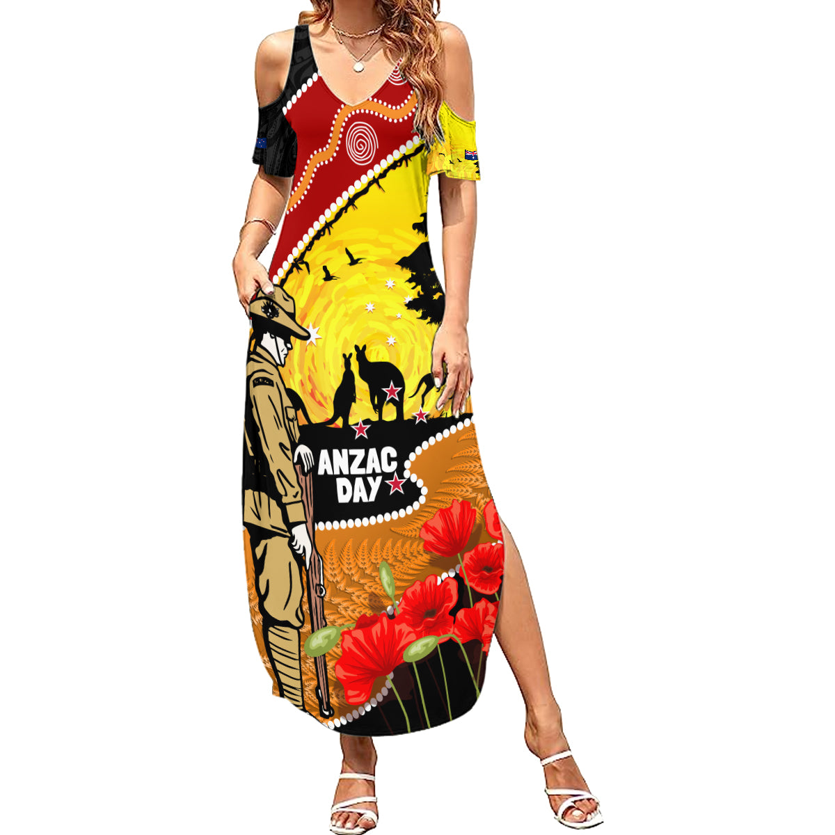 New Zealand And Australia ANZAC Day Family Matching Summer Maxi Dress and Hawaiian Shirt Aboriginal Maori Starring Night Style LT14 Mom's Dress Gold - Polynesian Pride