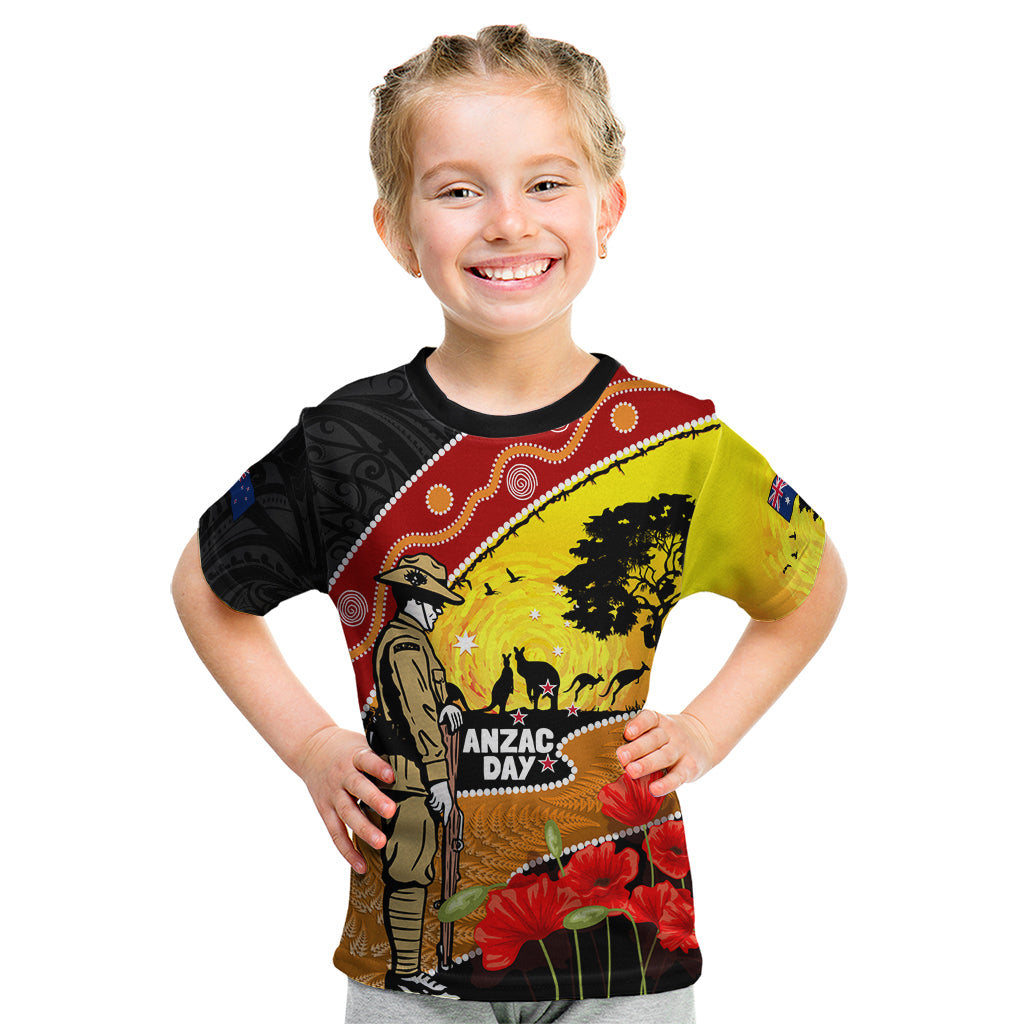 New Zealand And Australia ANZAC Day Kid T Shirt Aboriginal Maori Starring Night Style LT14 Gold - Polynesian Pride