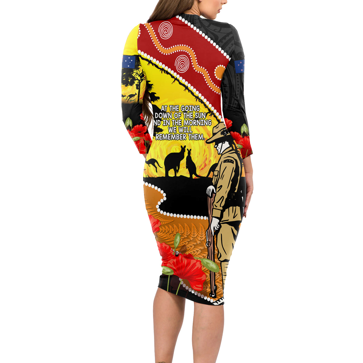 New Zealand And Australia ANZAC Day Long Sleeve Bodycon Dress Aboriginal Maori Starring Night Style LT14 - Polynesian Pride