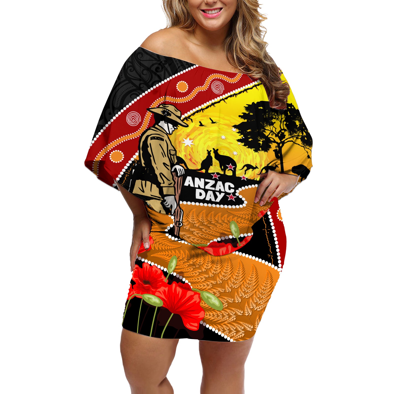 New Zealand And Australia ANZAC Day Off Shoulder Short Dress Aboriginal Maori Starring Night Style LT14 Women Gold - Polynesian Pride