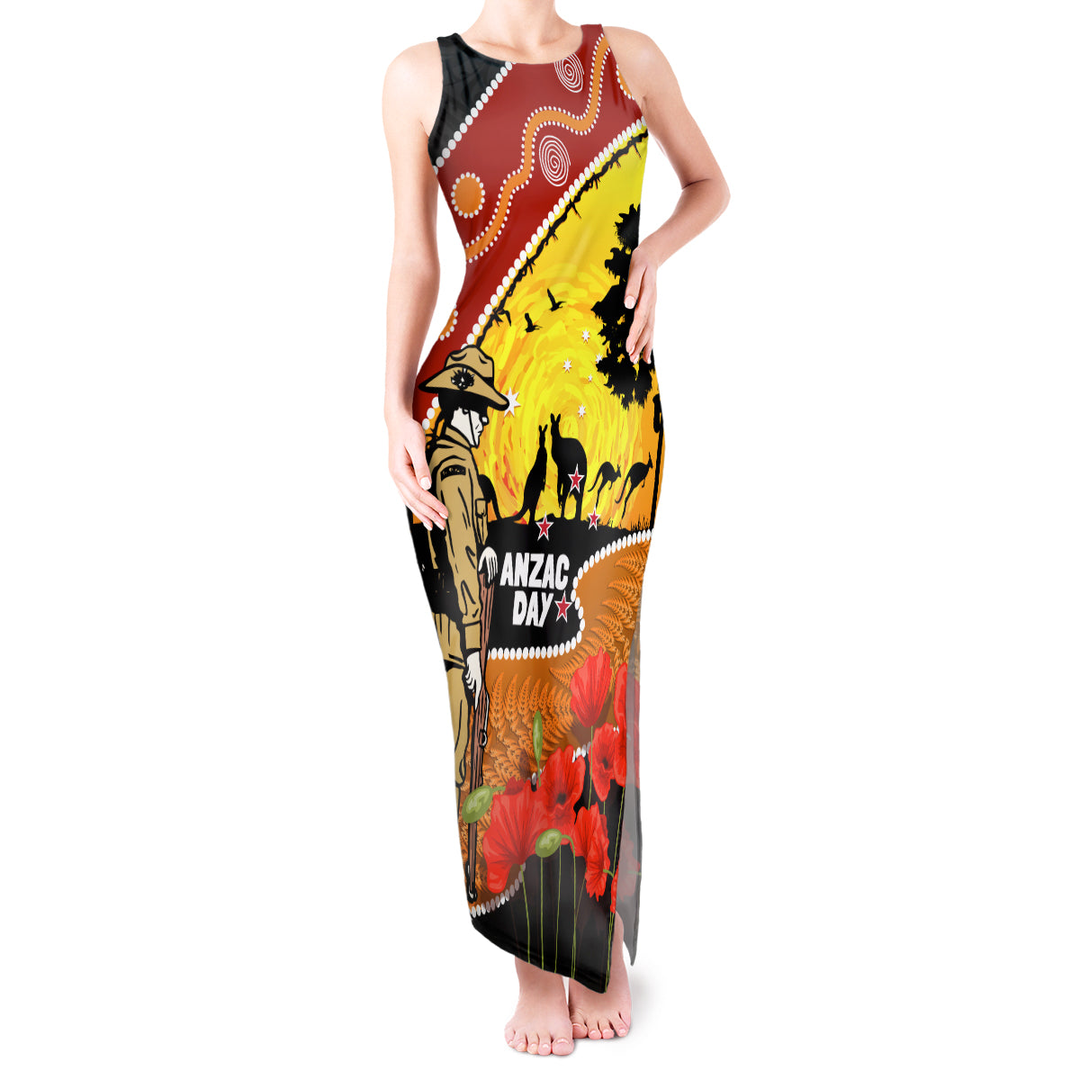 New Zealand And Australia ANZAC Day Tank Maxi Dress Aboriginal Maori Starring Night Style LT14 Women Gold - Polynesian Pride