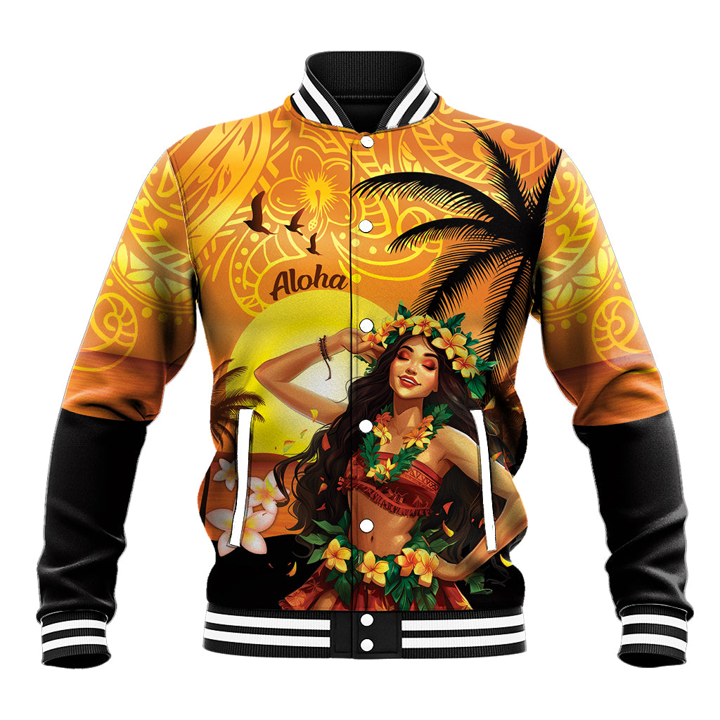 Aloha Hawaii Women's Day Baseball Jacket Hula Girl With Sunset Vibes LT14 Unisex Yellow - Polynesian Pride