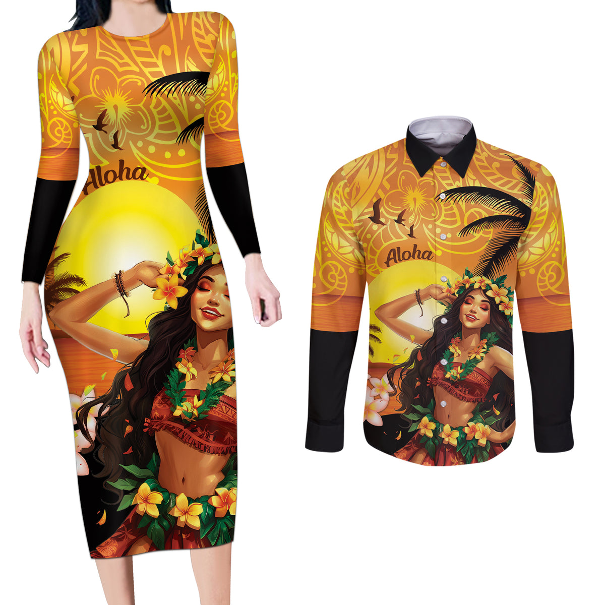 Aloha Hawaii Women's Day Couples Matching Long Sleeve Bodycon Dress and Long Sleeve Button Shirt Hula Girl With Sunset Vibes LT14 Yellow - Polynesian Pride