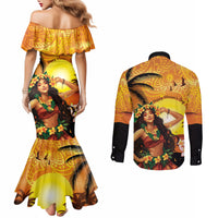 Aloha Hawaii Women's Day Couples Matching Mermaid Dress and Long Sleeve Button Shirt Hula Girl With Sunset Vibes LT14 - Polynesian Pride