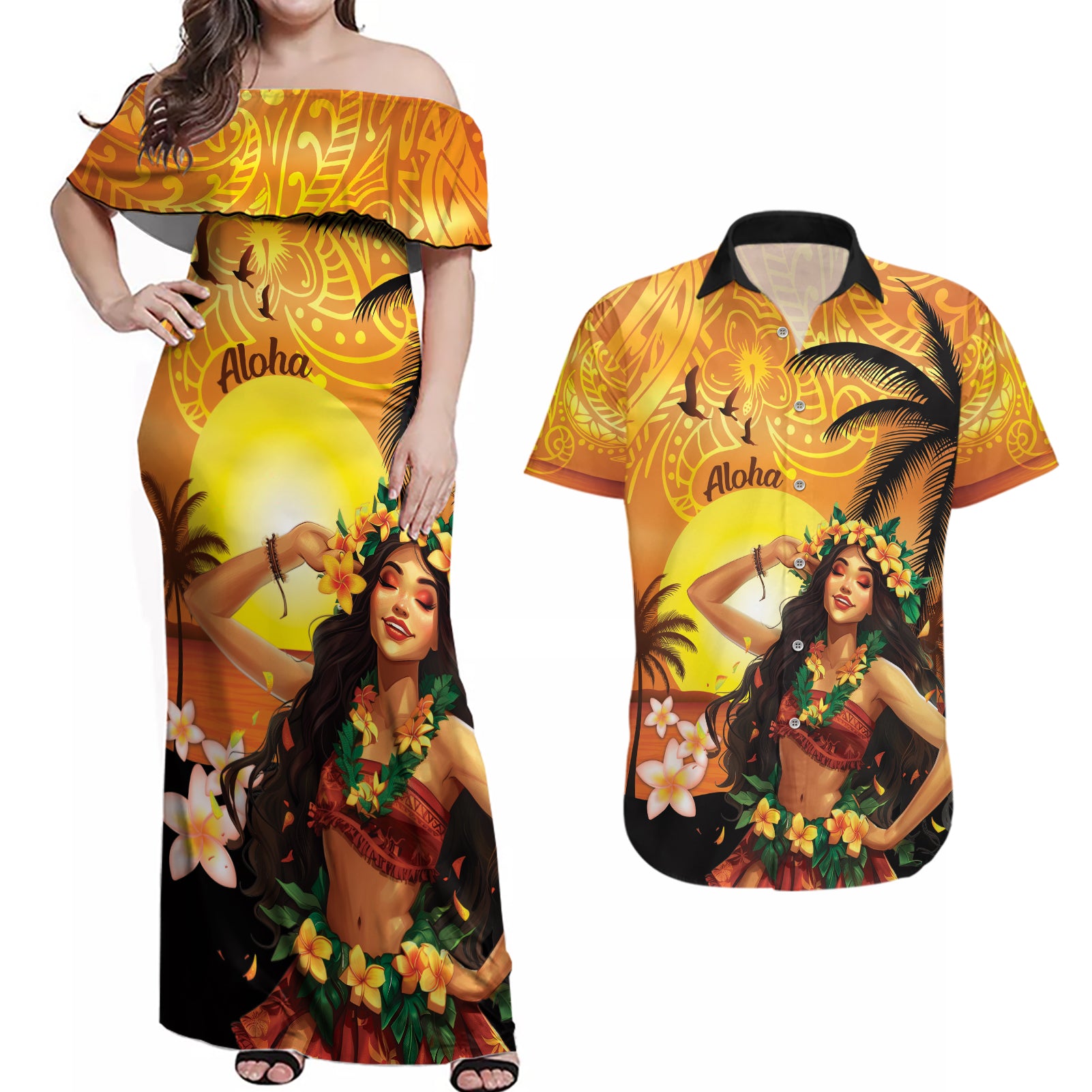 Aloha Hawaii Women's Day Couples Matching Off Shoulder Maxi Dress and Hawaiian Shirt Hula Girl With Sunset Vibes LT14 Yellow - Polynesian Pride