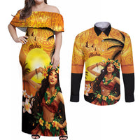 Aloha Hawaii Women's Day Couples Matching Off Shoulder Maxi Dress and Long Sleeve Button Shirt Hula Girl With Sunset Vibes LT14 Yellow - Polynesian Pride