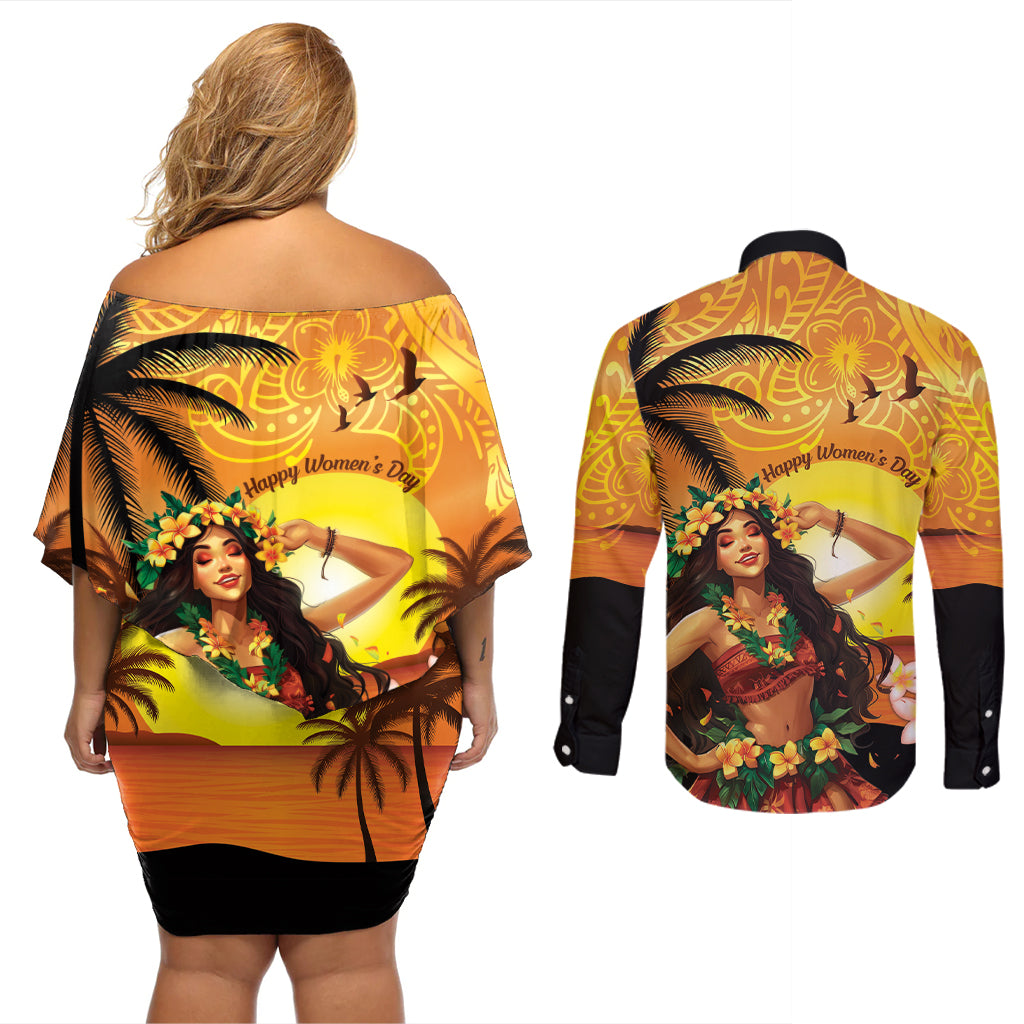 Aloha Hawaii Women's Day Couples Matching Off Shoulder Short Dress and Long Sleeve Button Shirt Hula Girl With Sunset Vibes LT14 - Polynesian Pride
