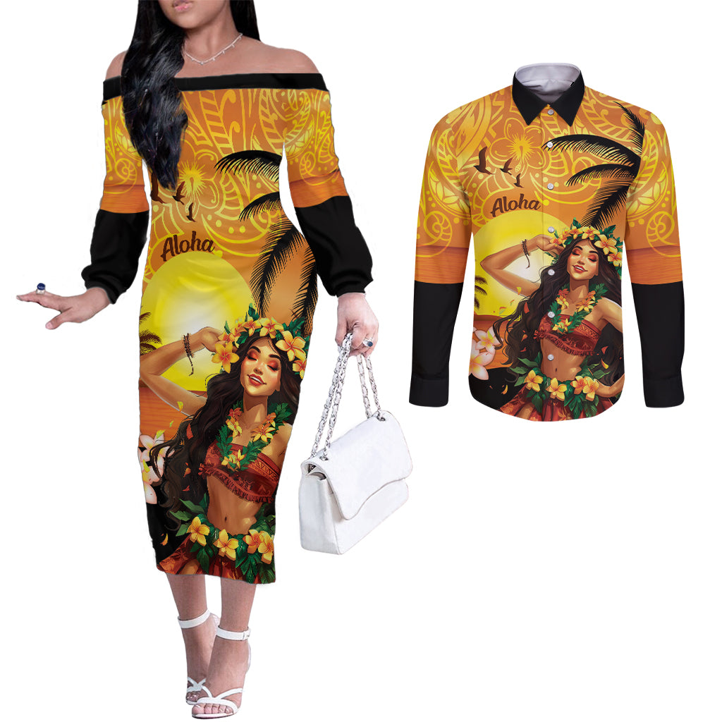 Aloha Hawaii Women's Day Couples Matching Off The Shoulder Long Sleeve Dress and Long Sleeve Button Shirt Hula Girl With Sunset Vibes LT14 Yellow - Polynesian Pride