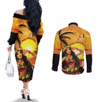 Aloha Hawaii Women's Day Couples Matching Off The Shoulder Long Sleeve Dress and Long Sleeve Button Shirt Hula Girl With Sunset Vibes LT14 - Polynesian Pride