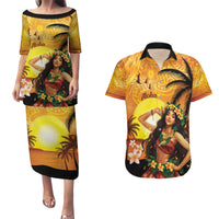 Aloha Hawaii Women's Day Couples Matching Puletasi and Hawaiian Shirt Hula Girl With Sunset Vibes LT14 Yellow - Polynesian Pride