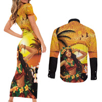 Aloha Hawaii Women's Day Couples Matching Short Sleeve Bodycon Dress and Long Sleeve Button Shirt Hula Girl With Sunset Vibes LT14 - Polynesian Pride