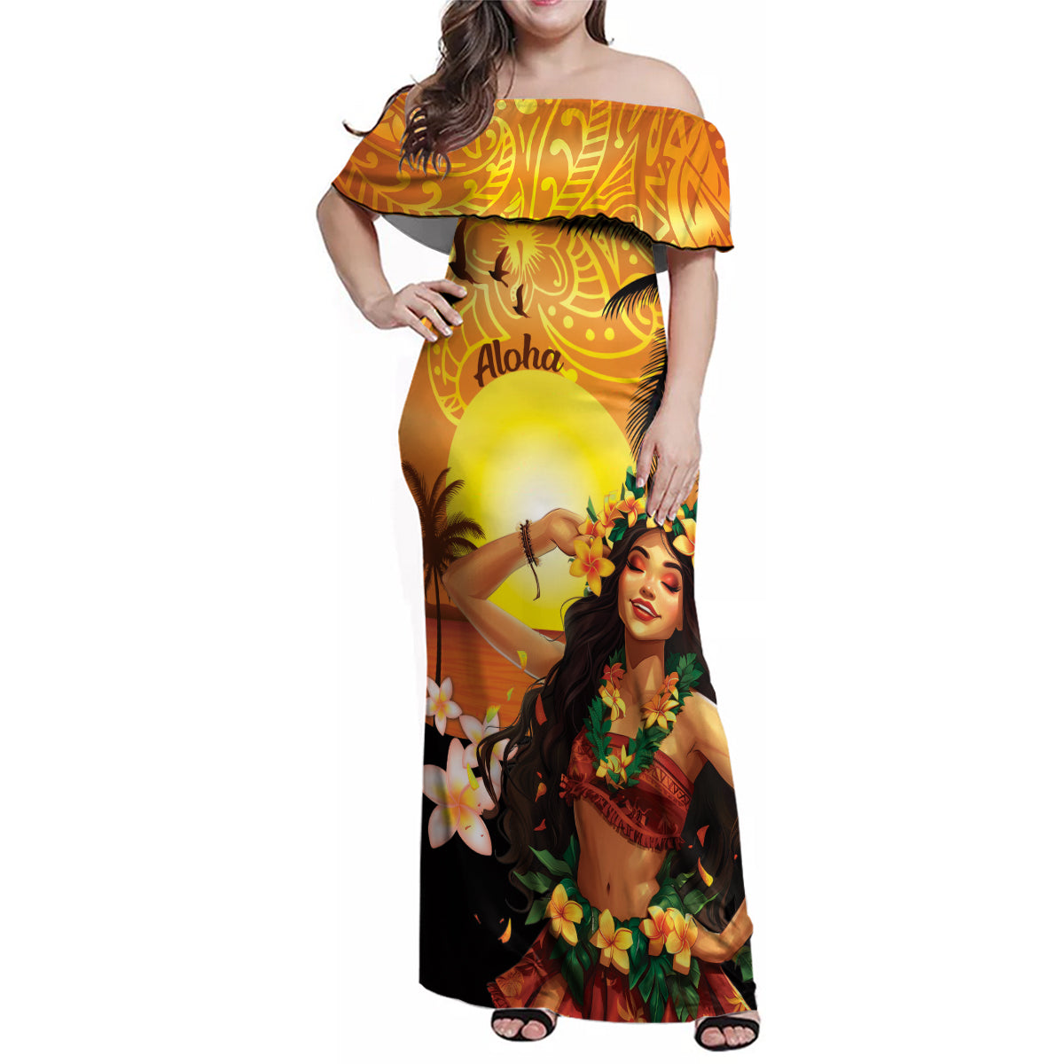 Aloha Hawaii Women's Day Family Matching Off Shoulder Maxi Dress and Hawaiian Shirt Hula Girl With Sunset Vibes LT14 Mom's Dress Yellow - Polynesian Pride