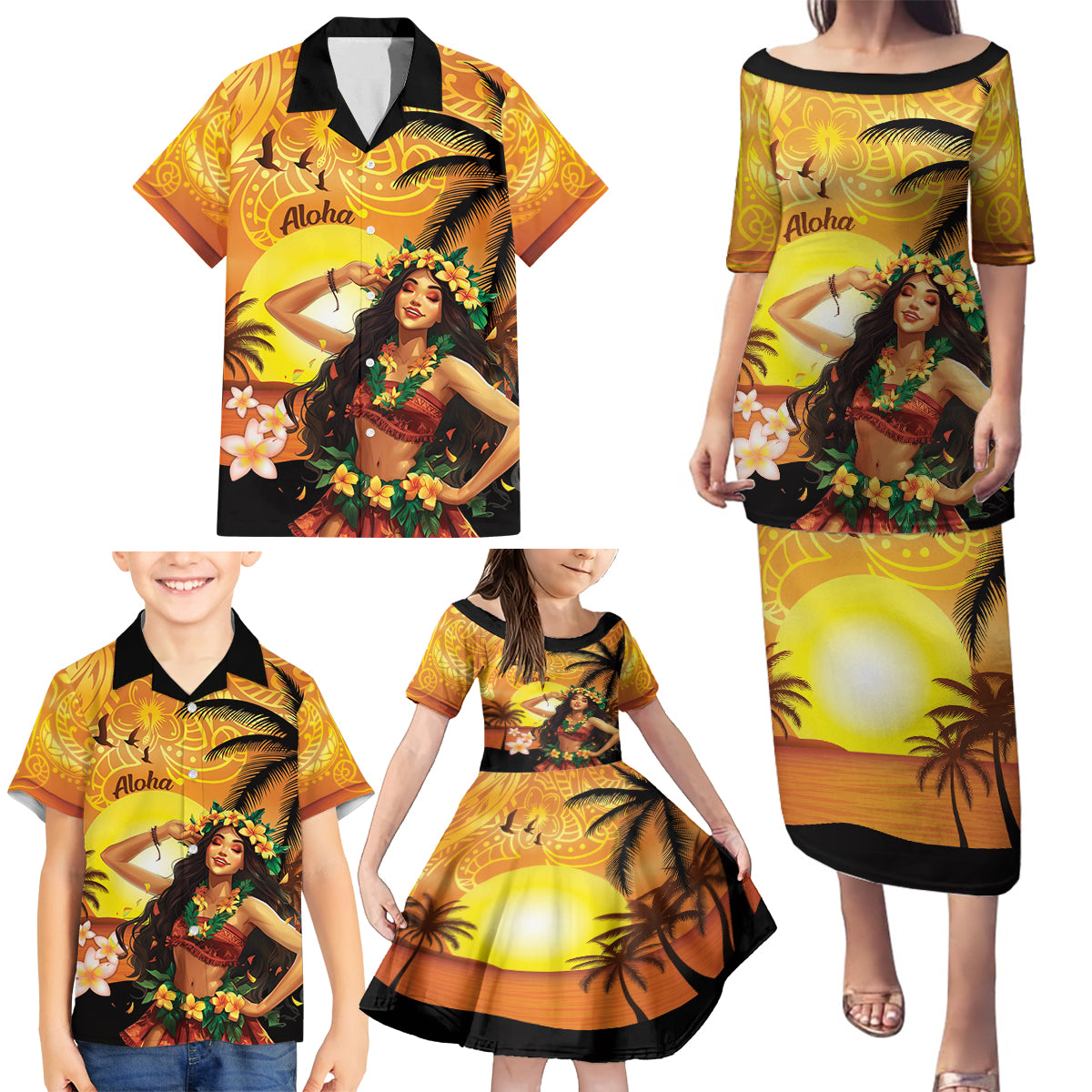 Aloha Hawaii Women's Day Family Matching Puletasi and Hawaiian Shirt Hula Girl With Sunset Vibes LT14 - Polynesian Pride