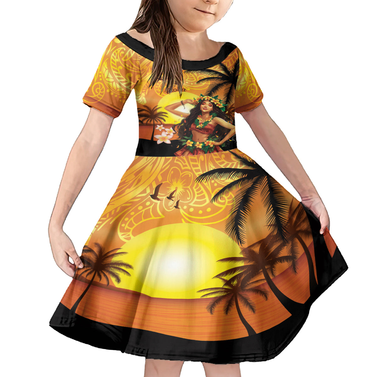 Aloha Hawaii Women's Day Kid Short Sleeve Dress Hula Girl With Sunset Vibes LT14 KID Yellow - Polynesian Pride