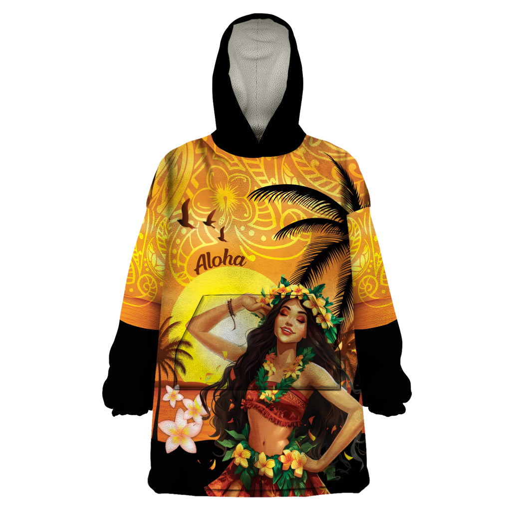 Aloha Hawaii Women's Day Wearable Blanket Hoodie Hula Girl With Sunset Vibes LT14 One Size Yellow - Polynesian Pride