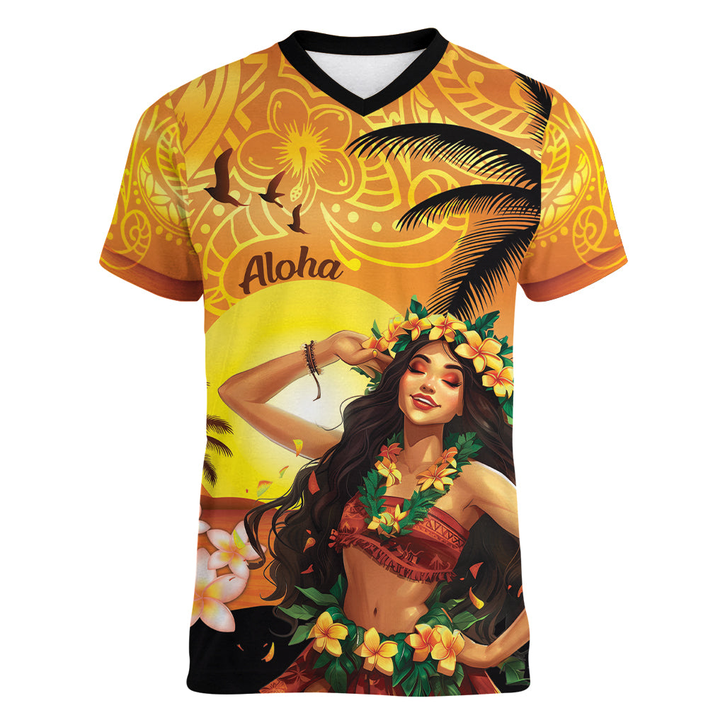 Aloha Hawaii Women's Day Women V Neck T Shirt Hula Girl With Sunset Vibes LT14 Female Yellow - Polynesian Pride