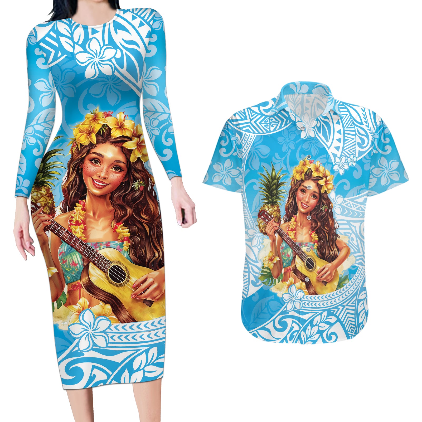 Aloha Hawaii Women's Day Couples Matching Long Sleeve Bodycon Dress and Hawaiian Shirt Hula Girl With Ukulele Tropical Style LT14 Blue - Polynesian Pride