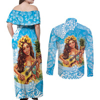 Aloha Hawaii Women's Day Couples Matching Off Shoulder Maxi Dress and Long Sleeve Button Shirt Hula Girl With Ukulele Tropical Style LT14 - Polynesian Pride