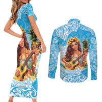 Aloha Hawaii Women's Day Couples Matching Short Sleeve Bodycon Dress and Long Sleeve Button Shirt Hula Girl With Ukulele Tropical Style LT14 - Polynesian Pride