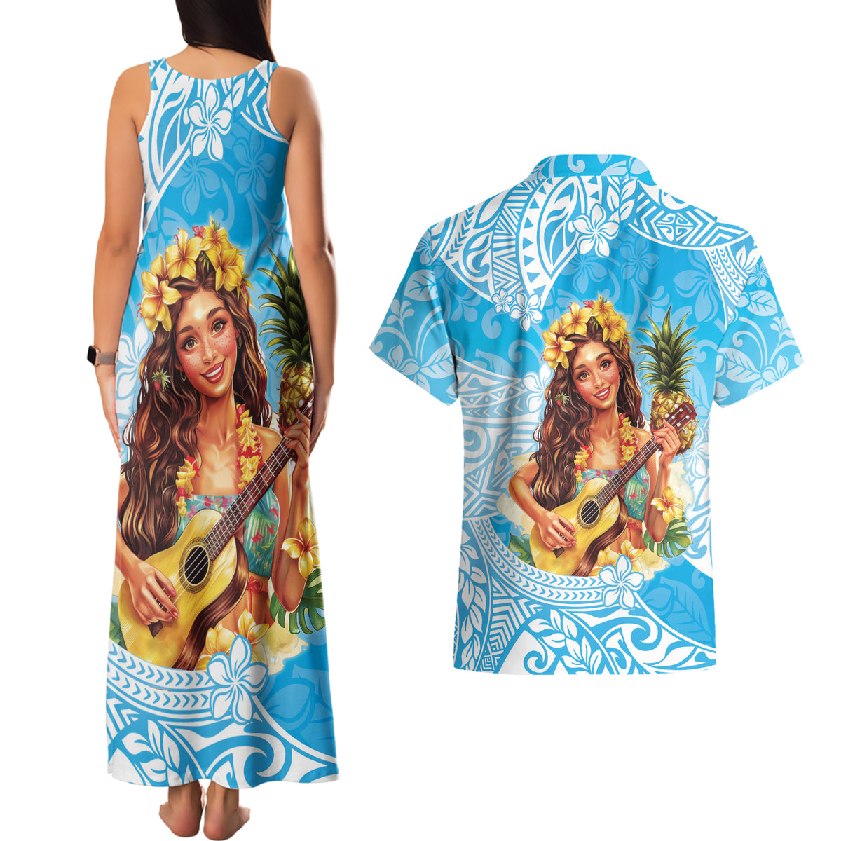 Aloha Hawaii Women's Day Couples Matching Tank Maxi Dress and Hawaiian Shirt Hula Girl With Ukulele Tropical Style LT14 - Polynesian Pride